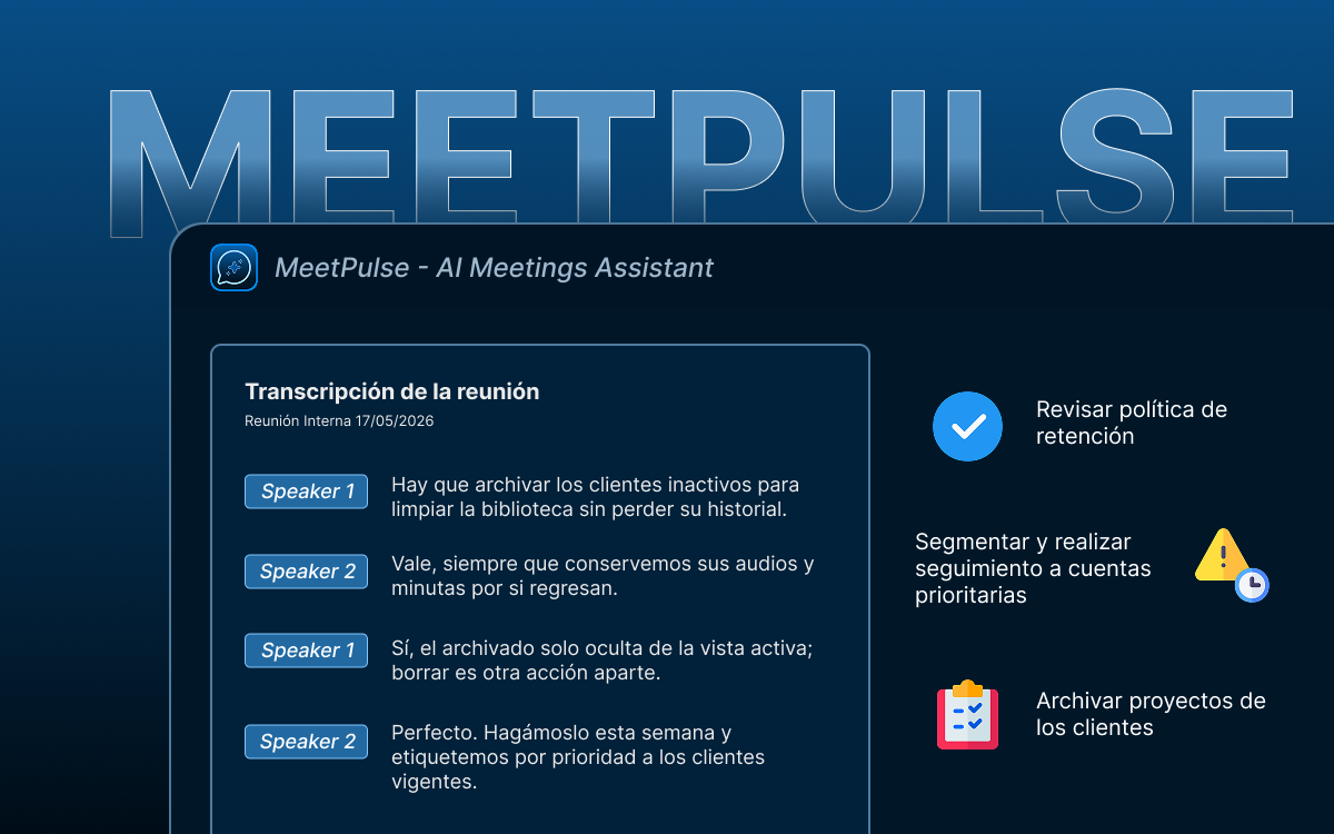 Imagen principal de MeetPulse: Transcripción e inteligencia de reuniones sin límites artificiales ni brechas de privacidad